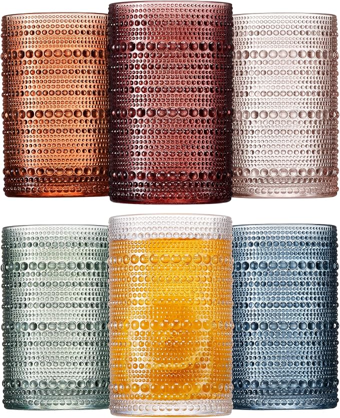 Colored Hobnail Drinking Glasses Set of 6, 12oz Vintage Kitchen Glassware, Embossed Beaded Glass Cups, Water Glasses, Colorful Water Tumbler for Cocktail, Juice, Various Mixed Drink (Dishwasher Safe) by Mfacoyisalifestylebrand
