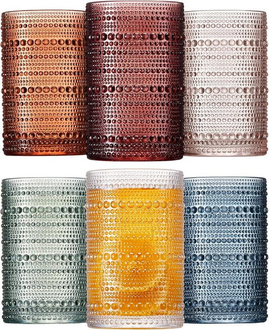 Colored Hobnail Drinking Glasses Set of 6, 12oz Vintage Kitchen Glassware, Embossed Beaded Glass Cups, Water Glasses, Colorful Water Tumbler for Cocktail, Juice, Various Mixed Drink (Dishwasher Safe) by Mfacoyisalifestylebrand