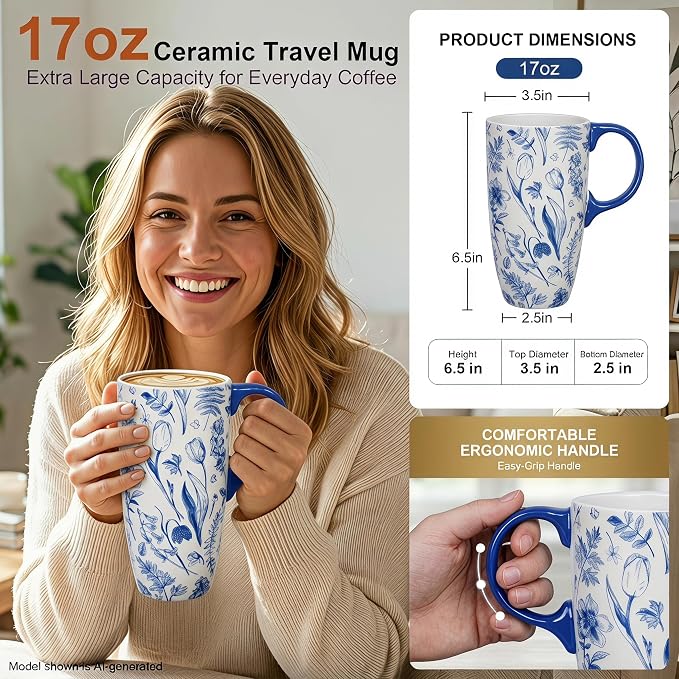 Topadorn 17oz Ceramic Travel Mug with Lid, Toile de Jouy | Floral Coffee Mug with Handle, Blue White Botanical Latte Cup, Microwave & Dishwasher Safe - Image 2