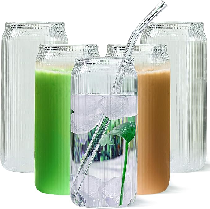 Set of 6 Ribbed Can Shaped Glass Cups with Glass Straws - 16oz Can Glass Drinking Glasses, Iced Coffee & Ice Tea Glasses, Clear Kitchen Tumbler Cup Cocktail Glass for Soda, Kiddush Cups & Sets