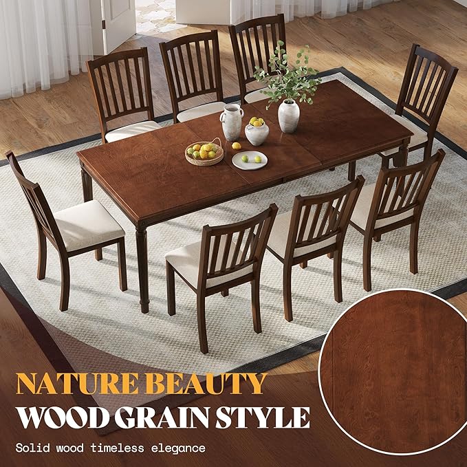 AMERLIFE 9 Piece Farmhouse Dining Set with 79" Rubberwood Table, Brown | 79" Rectangular Table, Solid Rubberwood Frame, Upholstered Chairs, Roman Conical Legs, Dark Brown Finish - Image 3