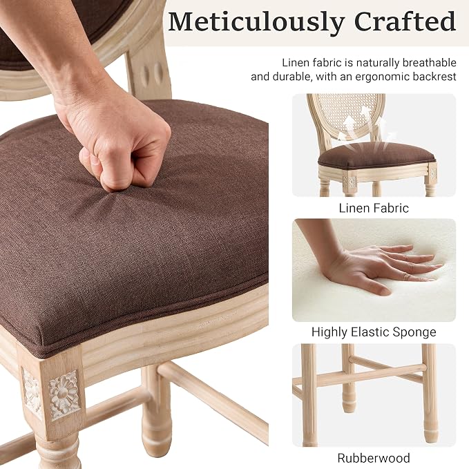 French Country Barstool, Linen Farmhouse Counter Height Chair | Set of 6, with Cushion Round Back and Solid Wood Legs, Oval Chairs for Restaurant, Bar, Kitchen, Café, Brown - Image 5