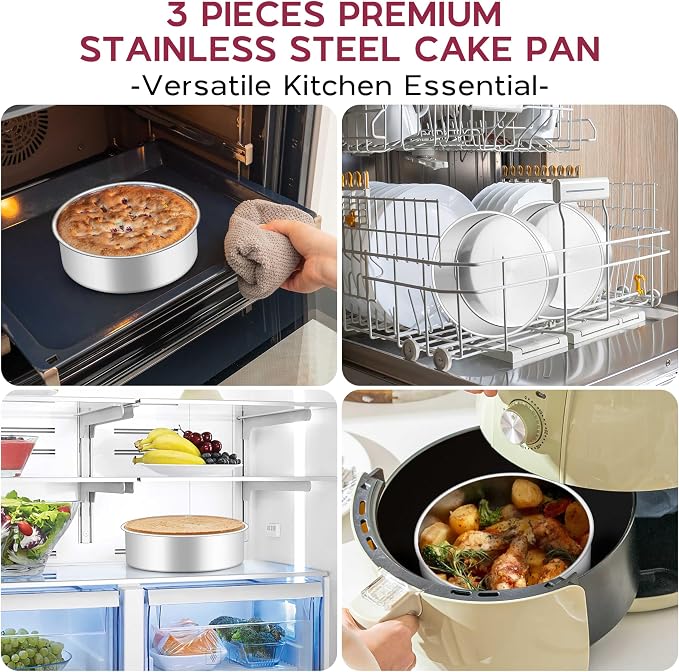 Onader 6 Inch Round Cake Pan Tin Set of 3, Stainless Steel Small Baking Pan for Wedding Birthday - Image 6