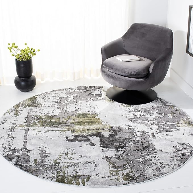 SAFAVIEH Craft Collection Area Rug - 4' Round, Grey & Green, Modern Abstract Design, Non-Shedding & Easy Care, Ideal for High Traffic Areas in Living Room, Bedroom (CFT820Y) by SAFAVIEH