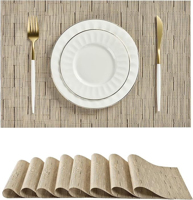 Leetaltree Light Brown Placemats Set of 8 - Heat Resistant Non-Slip Place mats for Dining Table, Washable Durable PVC Vinyl Woven Table Mats（Light Brown, 8） by Leetaltree-ArtatEveryTable