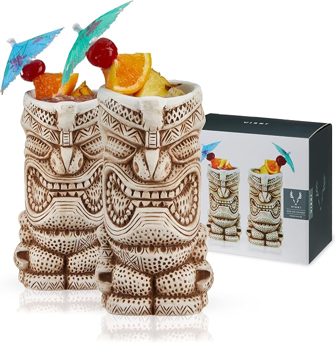 Viski High Tide Tiki Mugs - Hand Painted Ceramic Tiki Glasses for Cocktails - Tiki Barware 14.5oz Highballs Set of 2 White by VISKI