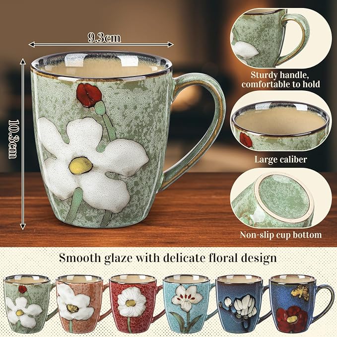 Maxdot 6 Pcs 12oz Ceramic Coffee Mugs Sets Glazing Process Cappuccino Mug Floral Ceramic Tea Cups Idea Gift Set for Women Porcelain Cup for Coffee, Cocoa, Tea, Latte (Retro) (Retro) - Image 2