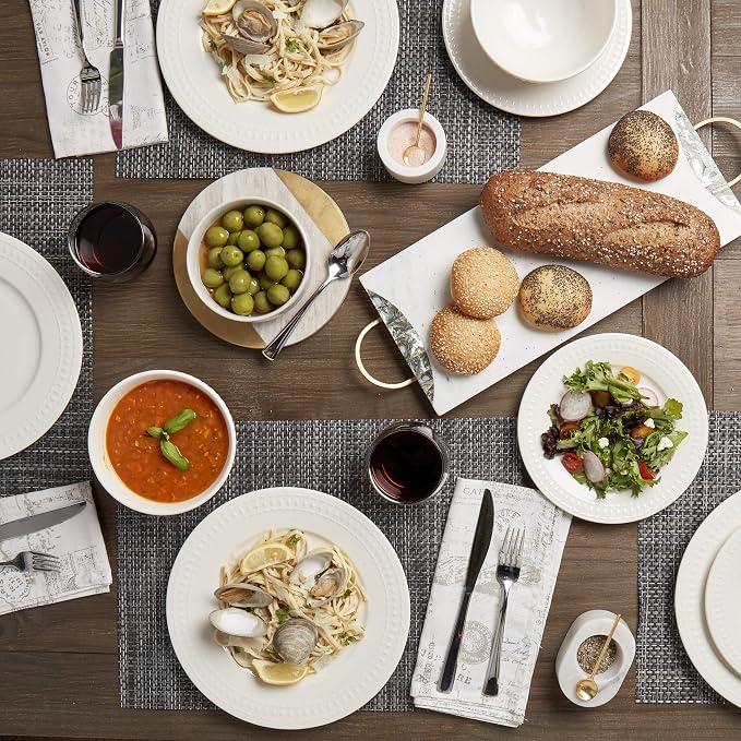 Tabletops Gallery Embossed White Porcelain Round Dinnerware - Bloom 12 Piece Dinnerware Set - Image 3