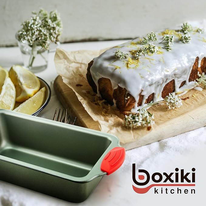 Boxiki Kitchen Non Stick Steel Banana Bread Pan for Baking, Premium Loaf Pan 8.5 Inch With Easy to Clean & Quick Release Coating - Professional Baking Pan With Silicone Handles