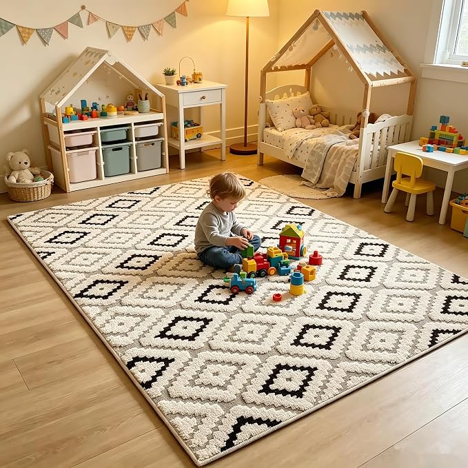 Washable Area Rug 4'x6' for Kids Room Living Room Bedroom, Diamond | Soft Cozy Fluffy Mid Pile Machine Washable Non Slip Modern Jacquard Boho Accent Area Carpet for Nursery Kids Room Dorm Hotel by Ukeler