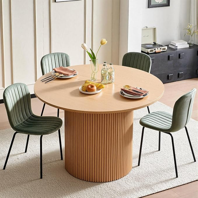 5 Piece Round Dining Table Set for 4, Mid Century Modern Wooden Kitchen Table and Chairs, Space-Saving Small Dinette Set (47 Inch Oak Table+4 Green Chairs) by SQPFTW