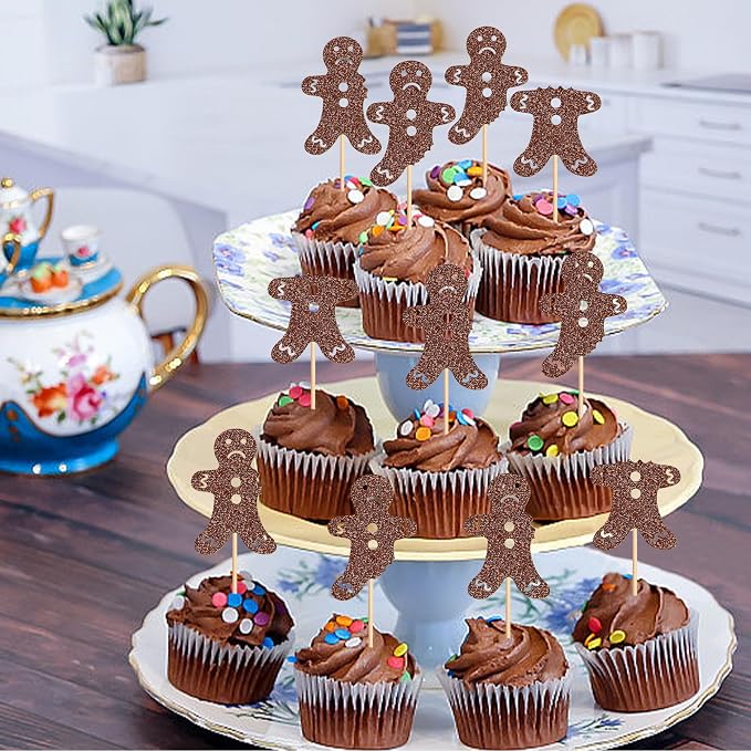 24Pcs Gingerbread Man Cupcake Toppers Holiday Party Cake Decorations Glitter Bitten Cookie Cupcake Picks Baby Shower Birthday Party Cupcake Toppings - Image 6