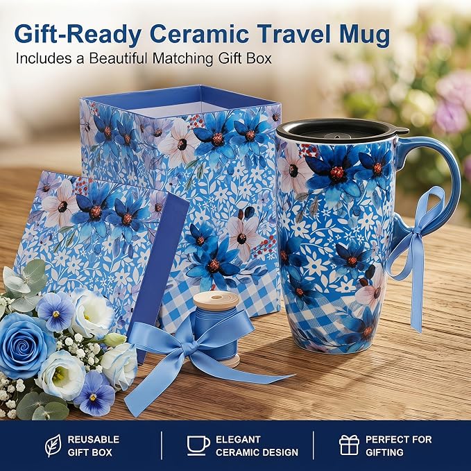Topadorn 17oz Ceramic Travel Mug with Lid, Blue Floral Coffee Mug with Handle, Large Ceramic Travel Cup, Microwave & Dishwasher Safe, Gift Box Included - Image 10