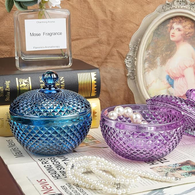 Joeyan 12 oz Small Purple Glass Jewelry Box Jars with Lid,Embossed Glass Candy Dishes,Diamond Faceted Food Container,Decorative Apothecary Canisters,Colored Kitchen Bathroom Buffet Storage Organizer - Image 3