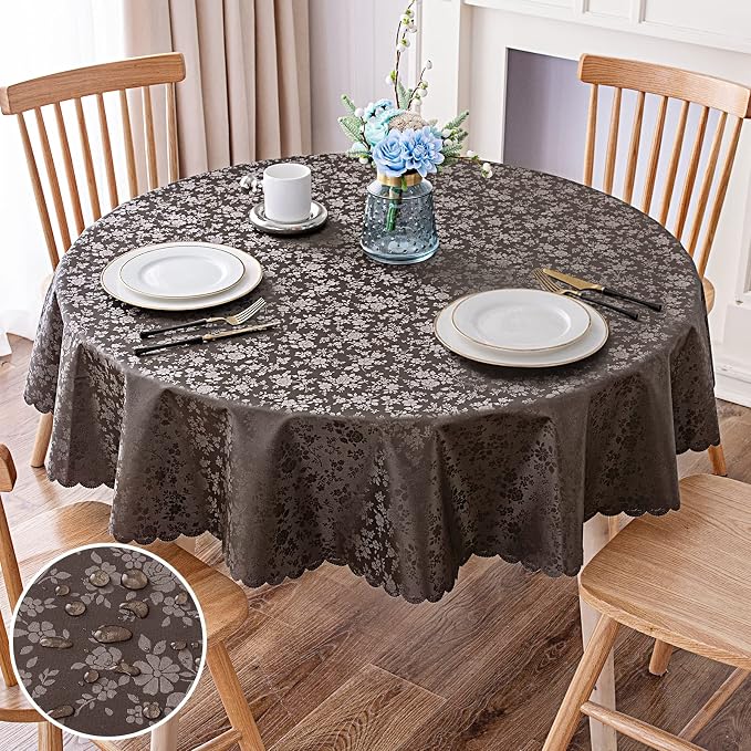 Smiry Round Waterproof Heavy Duty Vinyl Tablecloths, 70 x 70 Inch | Wipeable Washable Floral Embossed Table Cover for Kitchen and Dining Room, Indoor & Outdoor Use, Coffee by Smiry