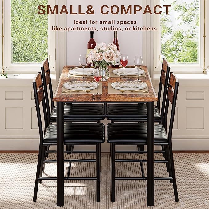 IRONCK Dining Table Set for 4, Rustic Brown | Wood Kitchen Table with Upholstered Chairs for Kitchen Room and Small Spaces - Image 4