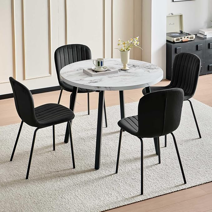 Small Round Dining Table Set for 4 People, 37" Modern Kitchen Table | 5-Piece Set, Faux White Marble MDF table, 4 Black Velvet Chairs, Easy Assembly, Space-saving, Fits Small Dining Room - Image 4
