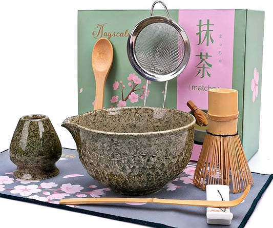 Joyscale Matcha Whisk Set, Matcha Set Whisk And Bowl, 8 Pcs Matcha Kit Set(Texture Design), 16 OZ, Japanese Matcha Tea Set, Matcha Making Kit Gifts for Tea Lovers(Mottled Green)