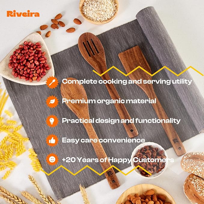 Riveira Walnut Wooden Spoons for Cooking Set of 3 – Natural Walnut Wooden Cooking Utensils, Spatula, Spoon - Premium Quality Utensil Set for Non-Toxic Cooking - Image 4