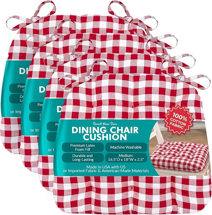 Barnett Home Decor Chair Cushions for Dining Chairs - 16.5x18 Kitchen Chair Cushions - Machine Washable, 100% Cotton, Made in USA - Latex Foam Chair Pads -Classic Check Red Medium Pack of 4 by BarnettHomeDecor