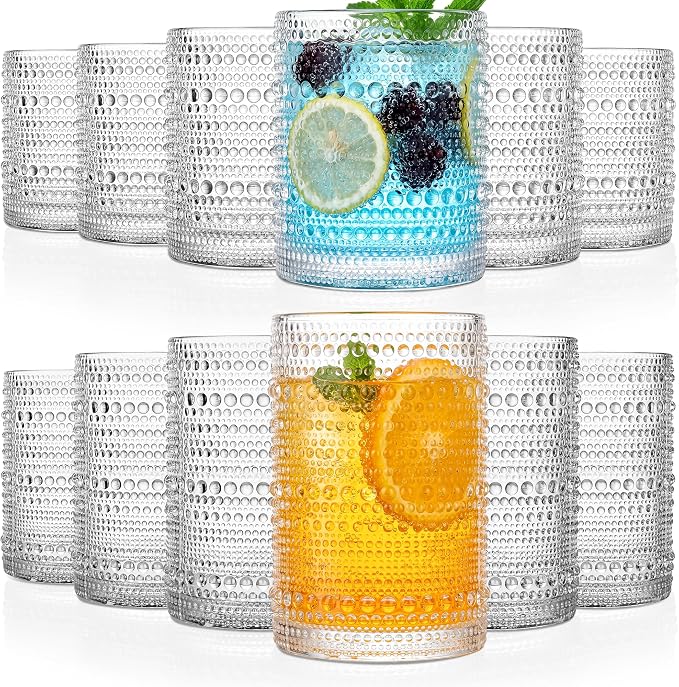 KMIGRUAN Hobnail Drinking Glasses Set of 12, 15Oz & 12Oz Cocktail Glasses | Clear Vintage Highball Glasses, Embossed Beaded Water Tumbler for Juice and Various Mixed Drinks, Kitchen Drinking Glasses by KMIGRUAN