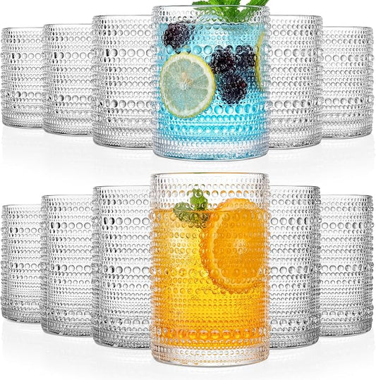 KMIGRUAN Hobnail Drinking Glasses Set of 12, 15Oz & 12Oz Cocktail Glasses | Clear Vintage Highball Glasses, Embossed Beaded Water Tumbler for Juice and Various Mixed Drinks, Kitchen Drinking Glasses by KMIGRUAN