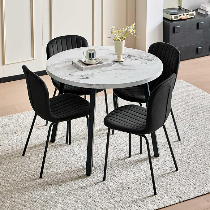 Small Round Dining Table Set for 4 People, 37" Modern Kitchen Table | 5-Piece Set, Faux White Marble MDF table, 4 Black Velvet Chairs, Easy Assembly, Space-saving, Fits Small Dining Room - Image 5