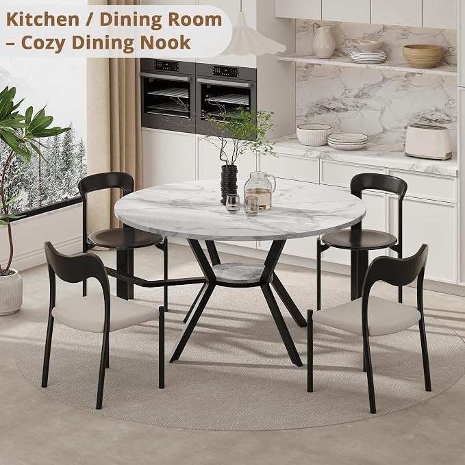 42" Round Dining Table for 2-4, Modern Kitchen Table with Faux Marble Tabletop & Metal Legs, Space Saving Circle Table with Storage, Wood Kitchen & Dining Room Tables for Kitchen Dining Room - Image 6