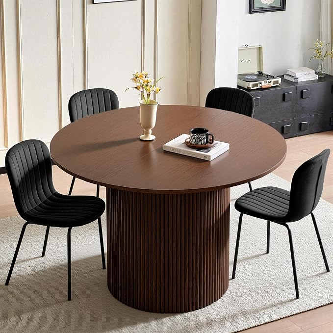 5 Piece Round Dining Table Set for 4, Mid Century Modern Wooden Kitchen Table and Chairs, Space-Saving Small Dinette Set (47 Inch Walnut Table+4 Black Chairs) - Image 2