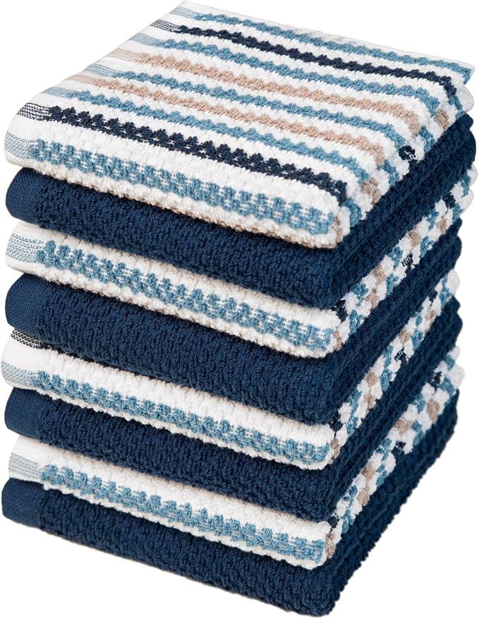 Bumble Dish Cloths 8-Pack, Cotton Kitchen Towels, 12"x12" Blue Wide Stripes | 430 GSM Soft Dish Towels for Kitchen, Highly Absorbent & Durable Kitchen Rags for Washing Dishes by BumbleTowels