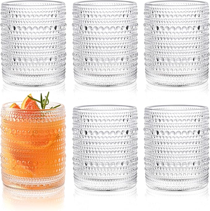 KMIGRUAN Hobnail Drinking Glasses Set of 6,12oz Vintage Glassware Embossed Vintage Water Cups Cocktail Glasses Juice Glasses by KMIGRUAN