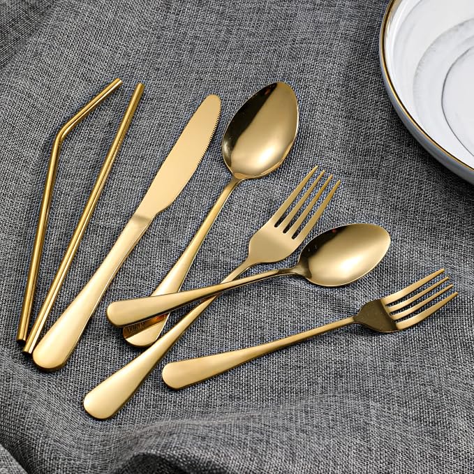 56 Pieces Gold Silverware Service for 8 Flatware Set with Straws Stainless Steel Utensils Cutlery Set Dishwasher Safe Flatware (Gold, 56) - Image 5