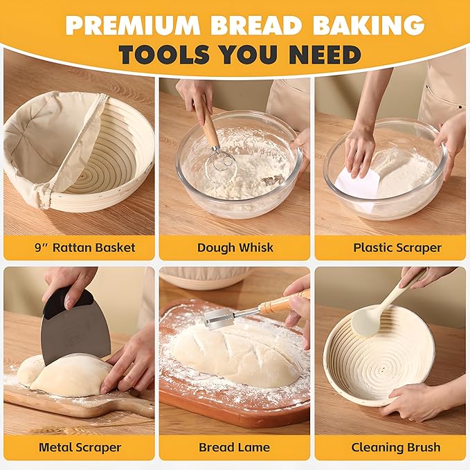 Sourdough Bread Baking Supplies, Sourdough Starter Kit, 9 Inch Round Banneton Basket Set, Sourdough Tools Kit for Beginner and Professional Bakers, Bread Making Tools for Baking