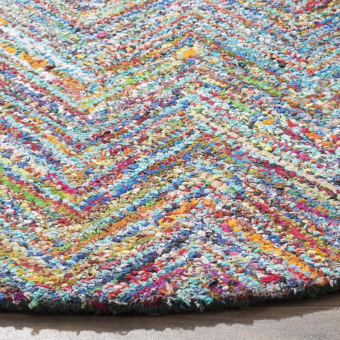 SAFAVIEH Nantucket Collection 8' x 8' Round Blue/Multi NAN141C Handmade Modern Abstract Chevron Cotton Area Rug - Image 4