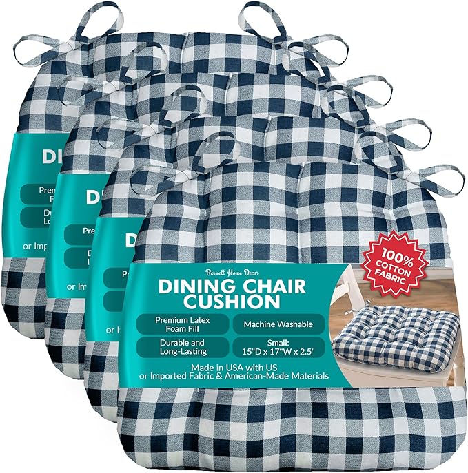 Barnett Home Decor Chair Cushions for Dining Chairs - 15x17 Kitchen Chair Cushions - Machine Washable, 100% Cotton, Made in USA - Latex Foam - Classic Check Navy Blue Small Pack of 4 by BarnettHomeDecor