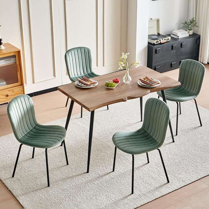Rectangle Dining Table Set for 4 with Sage Green Velvet Chairs | 5-Piece Mid-Century Modern Set, Irregular MDF Table, Wood Grain, Space-Saving for Small Spaces, Dining Rooms, Easy Assembly - Image 2