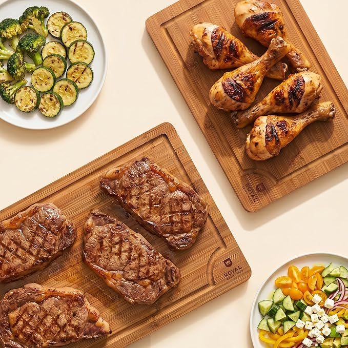 ROYAL CRAFT WOOD Wooden Cutting Boards for Kitchen Meal Prep & Serving - Bamboo Non Toxic Cutting Board Set with Deep Juice Groove Side Handles - Charcuterie & Chopping Butcher Block for Meat (2 Pcs) - Image 6