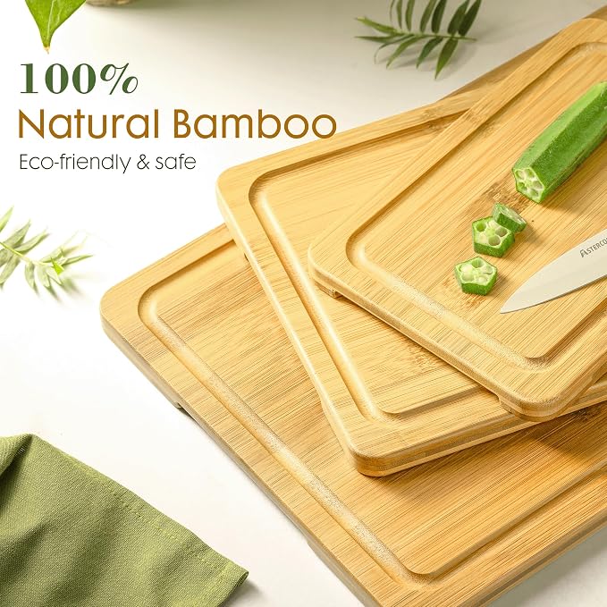 Astercook Nature Bamboo Cutting Boards for Kitchen with Wood Storage Stand, Reversible Charcuterie & Chopping Boards with Juice Grooves and Easy-Grip Handles - Image 5
