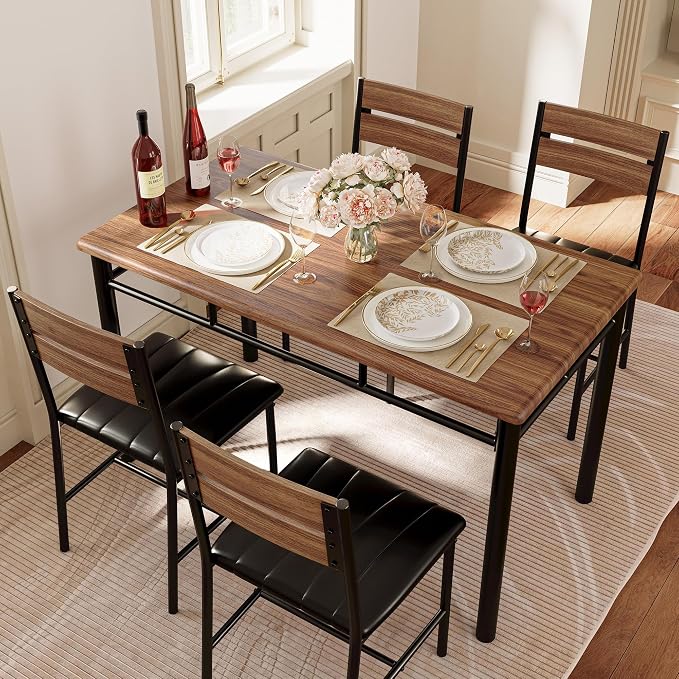 IRONCK Dining Table Set for 4, Walnut | Wood Kitchen Table with Upholstered Chairs for Kitchen Room and Small Spaces - Image 3