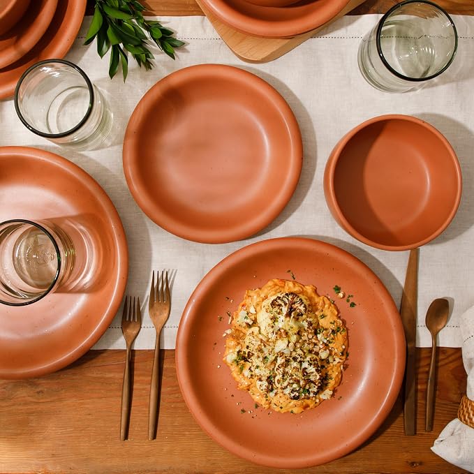 Bloomhouse - Two Time Oprah's Favorite Things Winner - Corsica Clay 12-Piece Stoneware Rustic Reactive Glaze Dinnerware Set - Stackable Plates Bowls Set Service for 4 - Matte Burnt Apricot Terracotta - Image 3