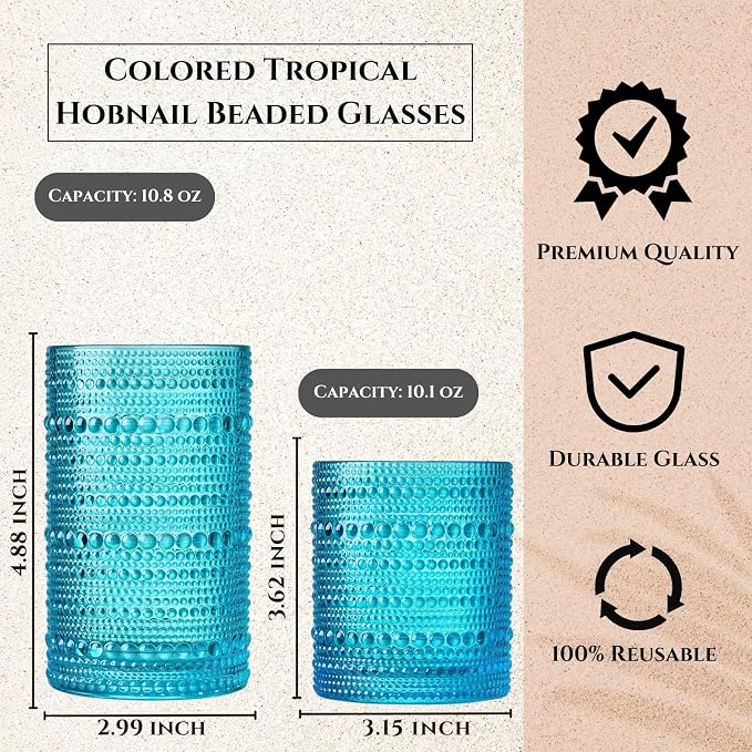 Khen Hobnail Beaded Highball Drinking Tumbler Glasses | Set of 12 | Autumn Colors Vintage Bubble Design Whiskey Glassware, Old-Fashioned, Embossed Design Water, Wine, Cocktail Rocks Glasses - Image 4