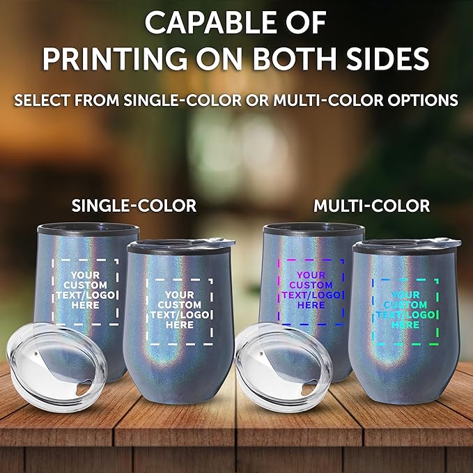 Custom Palmera Stemless Wine Tumblers with Lids 12 oz. Set of 12, Personalized Bulk Pack - Perfect for Wine, Cocktails, Other Hot & Cold Beverages - Iridescent Blue
