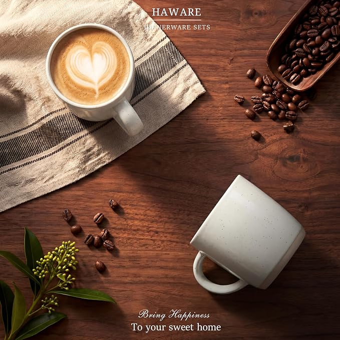 HaWare 13OZ Coffee Mugs Set of 4, Stoneware Coffee Cups | Ceramic Latte Mug for Man, Woman, Dad, Mom, for Latte/Cappuccino/Cocoa/Milk, Dishwasher& Microwave Safe, Speckled Milky White - Image 7