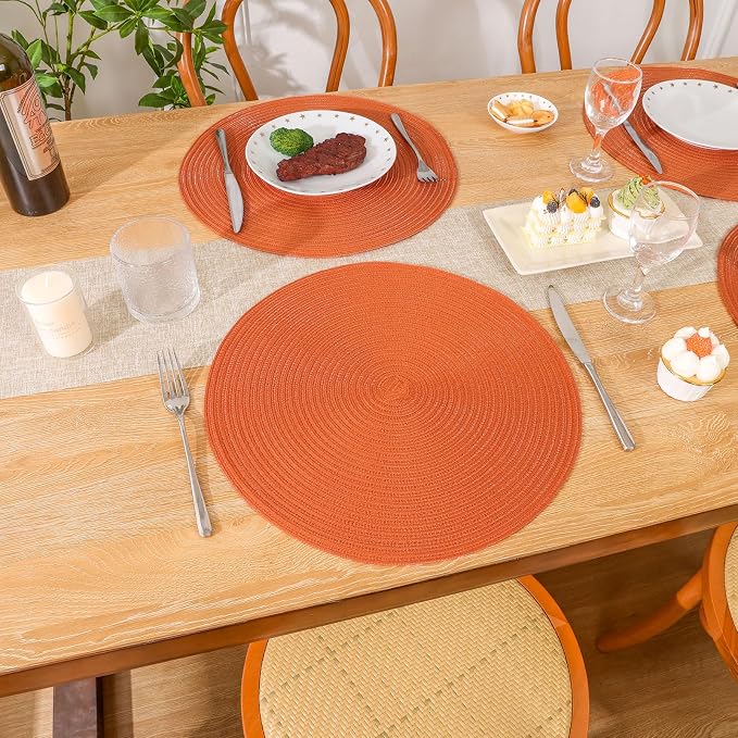 SHACOS Round Placemats Set of 4 for Dining Table Autumn Fall Round Braided Place Mats Washable Non Slip Kitchen Table Mats Decor, Bright Orange - Image 5