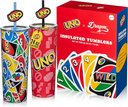 Dragon Glassware x UNO Stainless Steel Tumbler with Straws, 24 oz 2-Pack | Vacuum Insulated Stainless Steel Tumbler with Straws & Lids; Double Walled Tumbler with Straw Topper; Official UNO Merch by DragonGlassware