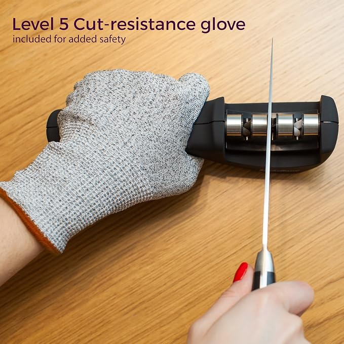 4-in-1 Kitchen Knife Accessories: 3-Stage Knife Sharpener Helps Repair, Restore and Polish Blades and Cut-Resistant Glove - Image 6