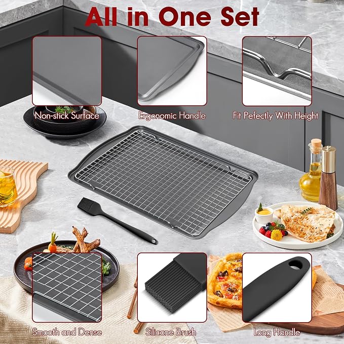 ShineMe Baking Sheet Pan with Cooling Rack 3 Pack, Nonstick Sheet Pan with Wire Rack and Silicone Pastry Brush, Carbon Steel Baking Pans for Cookie, Bacon and Vegetables 17x12x0.5in - Image 3