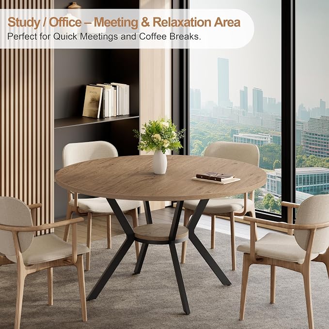 MECHYIN 42" Round Dining Table for 2-4, Farmhouse Kitchen Table with Storage, Space Saving Circle Dinner Table, Rustic Light Wood Kitchen & Dining Room Tables with Metal Legs for Kitchen, Dining Room - Image 8