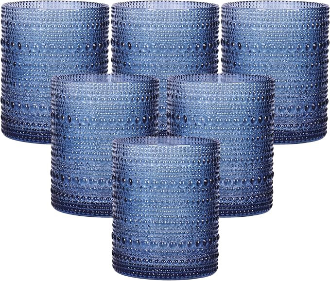 Moretoes 10oz Blue Hobnail Drinking Glasses Set of 6 Cocktail Glasses | Vintage Old Fashion Glassware, Textured Glass Cups Bubble Glasses Water Glasses Jupiter Glasses Set by Moretoes