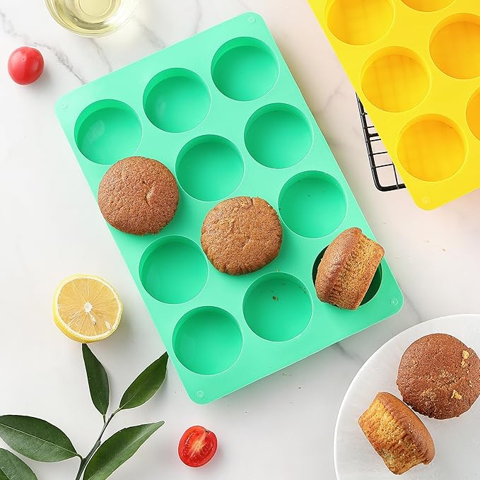 2PCS Molds Silicone, HIA Round 12-Cavity Chocolate Cookie Candy Silicone Mold, Baking Molds for Oreo, Chocolate, Cookie, Candy, Mini Cake, Jelly (Yellow+ Green)